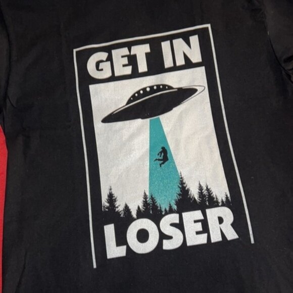 Unisex “Get in Loser” Alien Abduction Black Graphic Tee - Picture 7 of 9